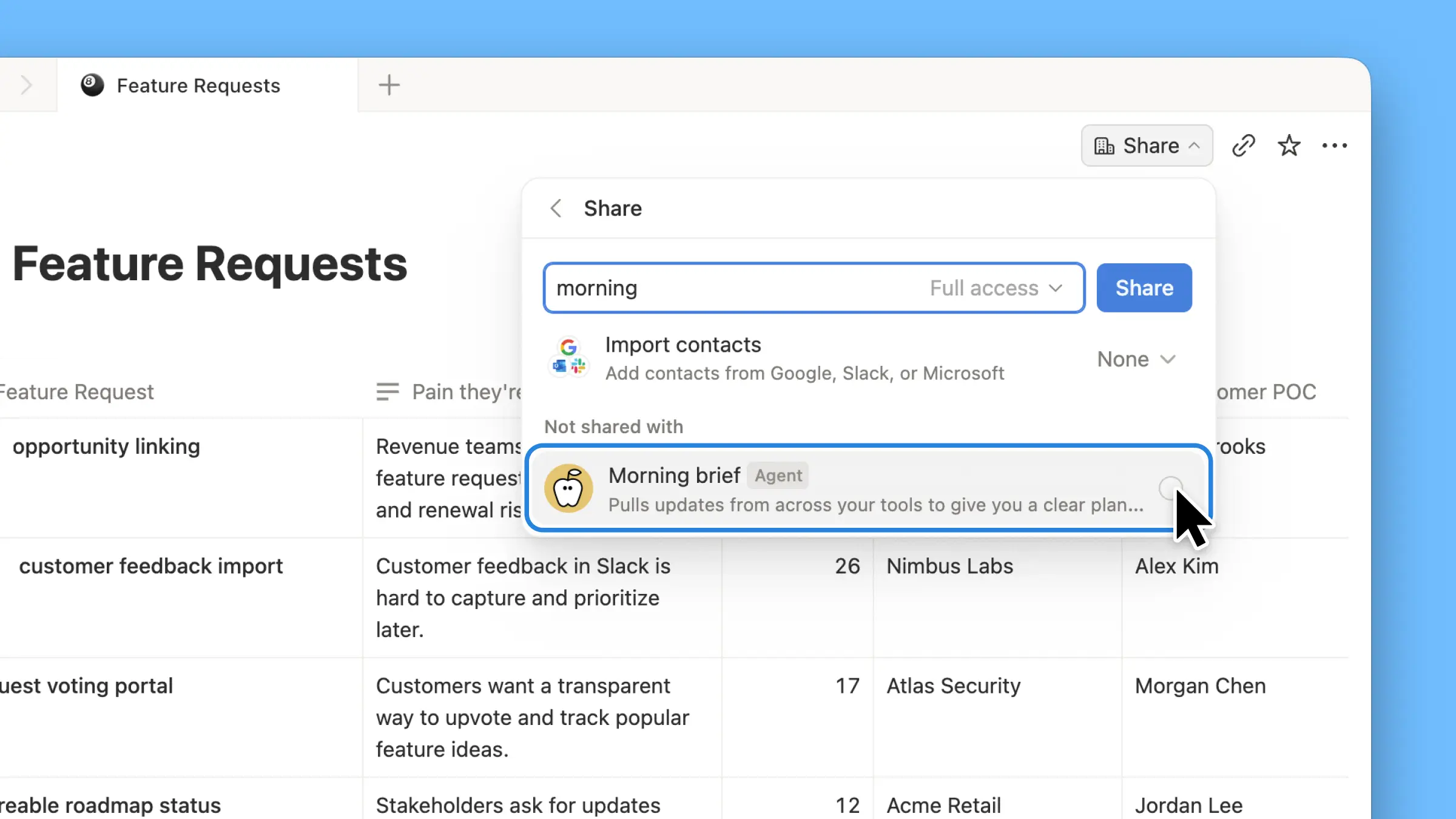 Share context with Custom Agents from the Share menu