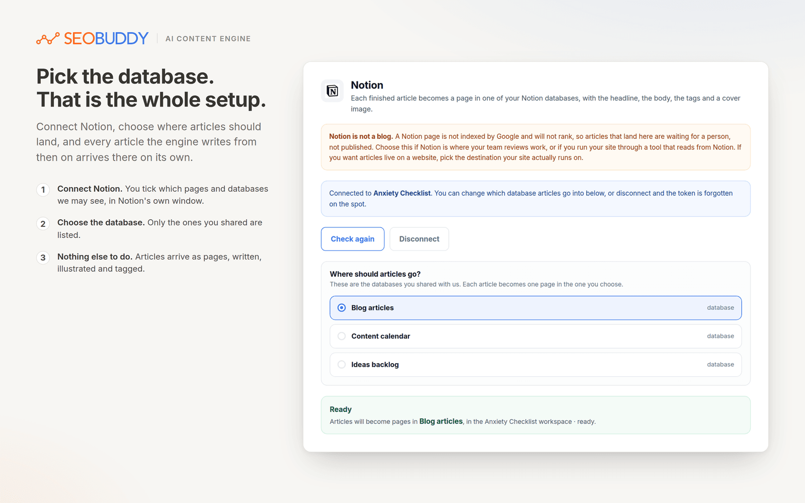 Turns your Search Console data into finished articles, delivered into a Notion database.