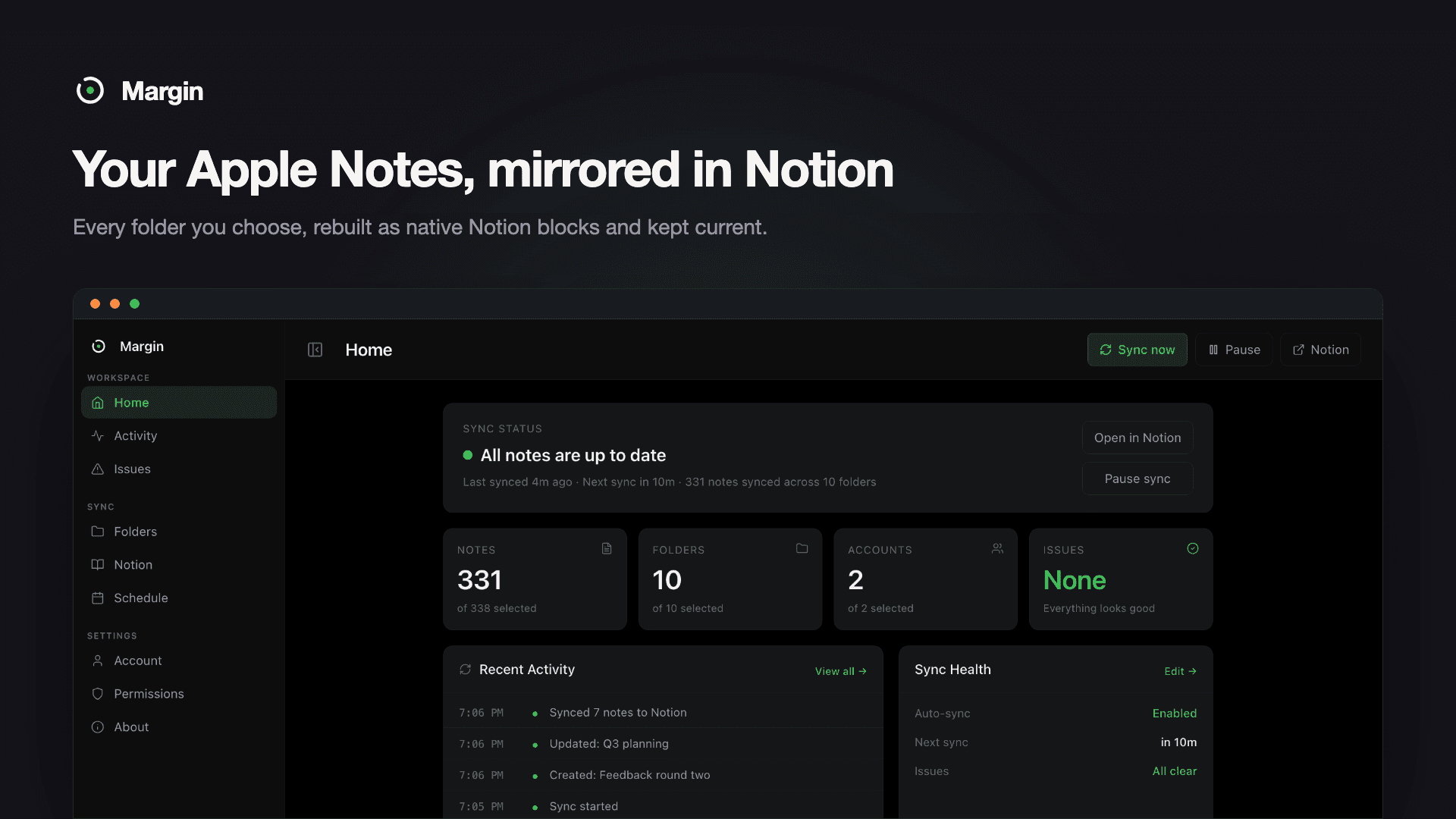 Keep your Apple Notes mirrored in Notion, automatically, from your Mac's menu bar.